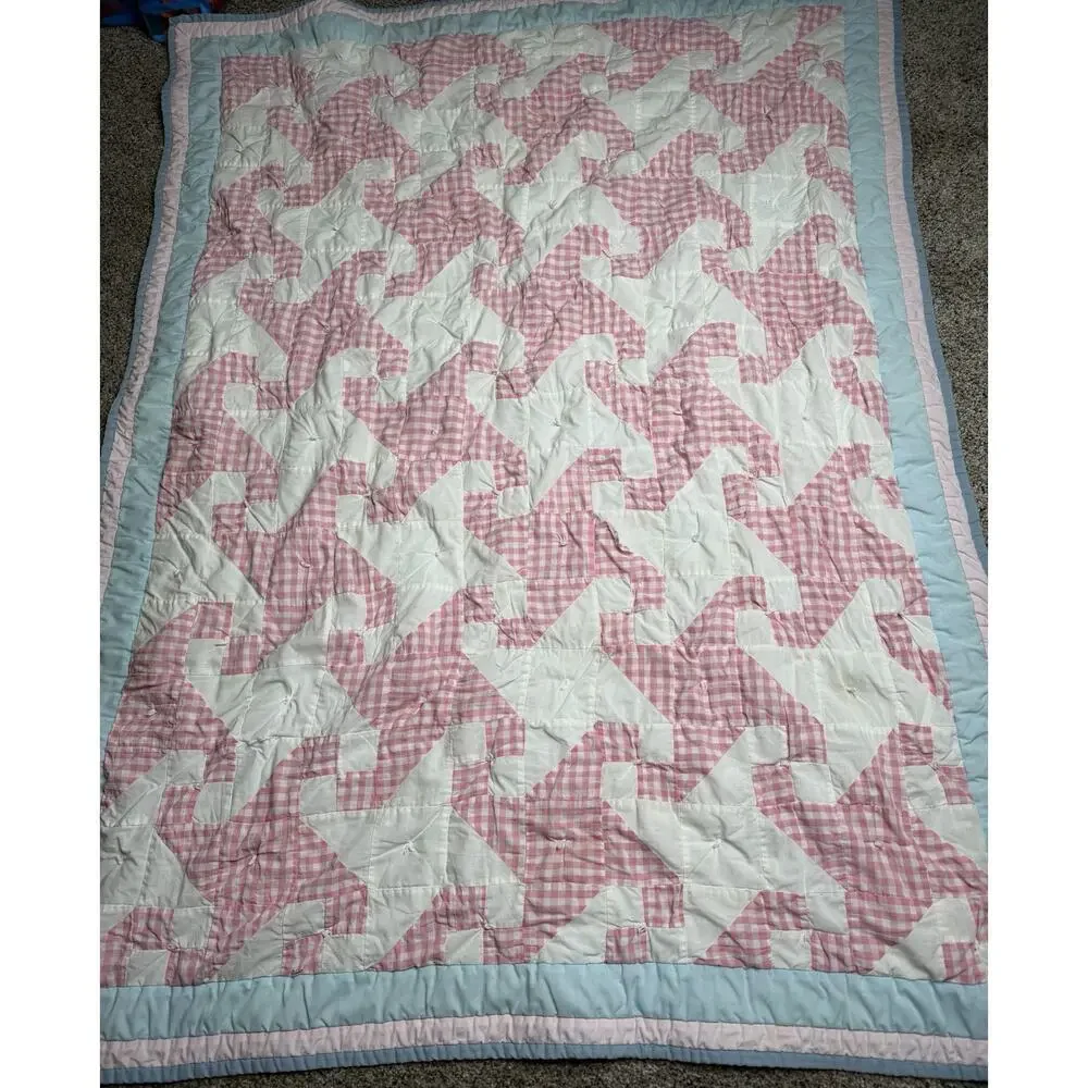 Vintage HANDMADE QUILT Drunkard’s Path Pink Blue Cottage Checker Pinwheel 50x38